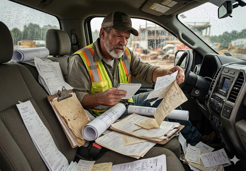 Supervisor revisando documentos en una camioneta con papeles dispersos